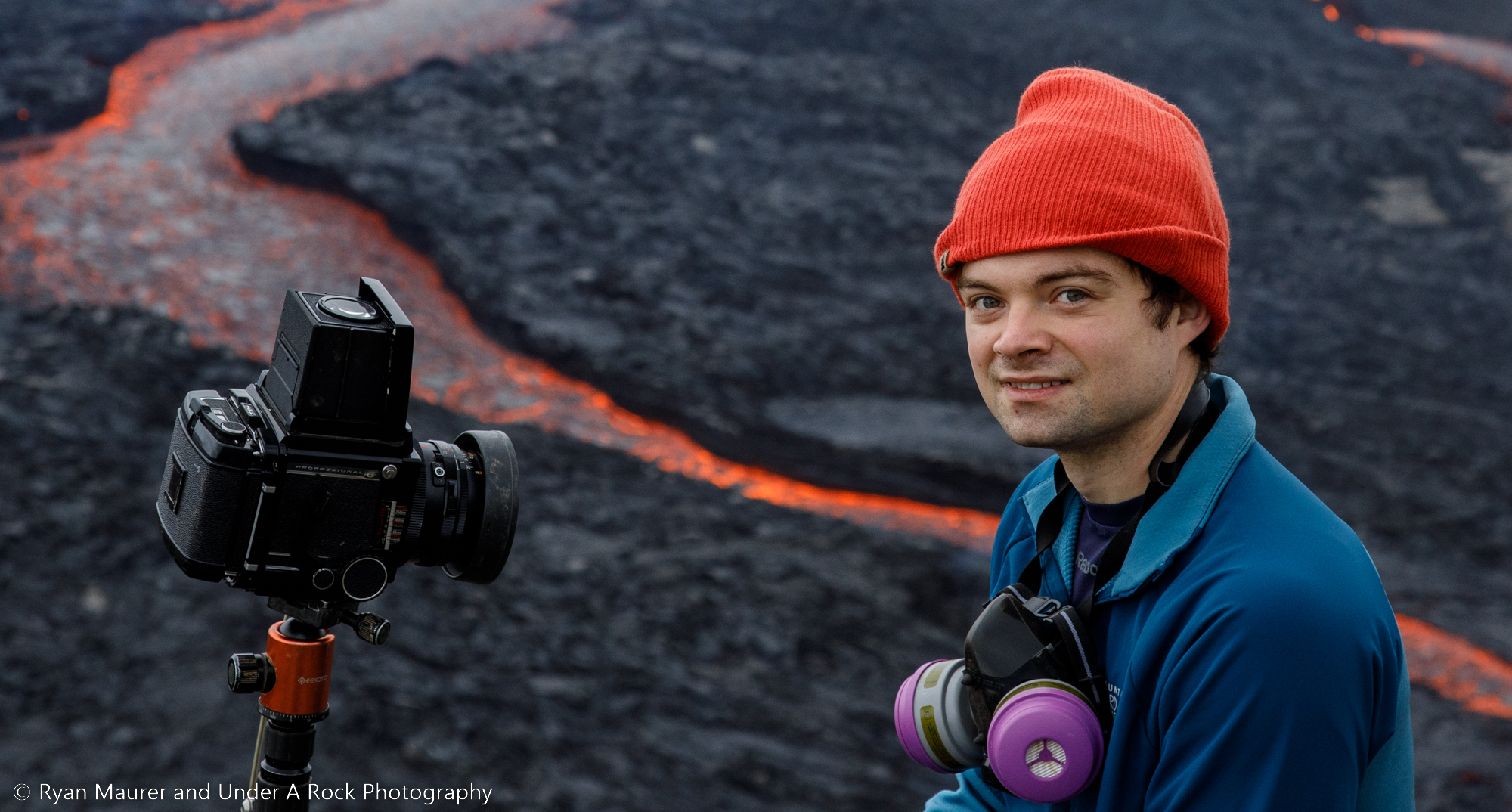 The author sitting with a Mamiya RB-67 camera at Fagradalsfjall Volcano, Iceland, on 21 July 2023.
