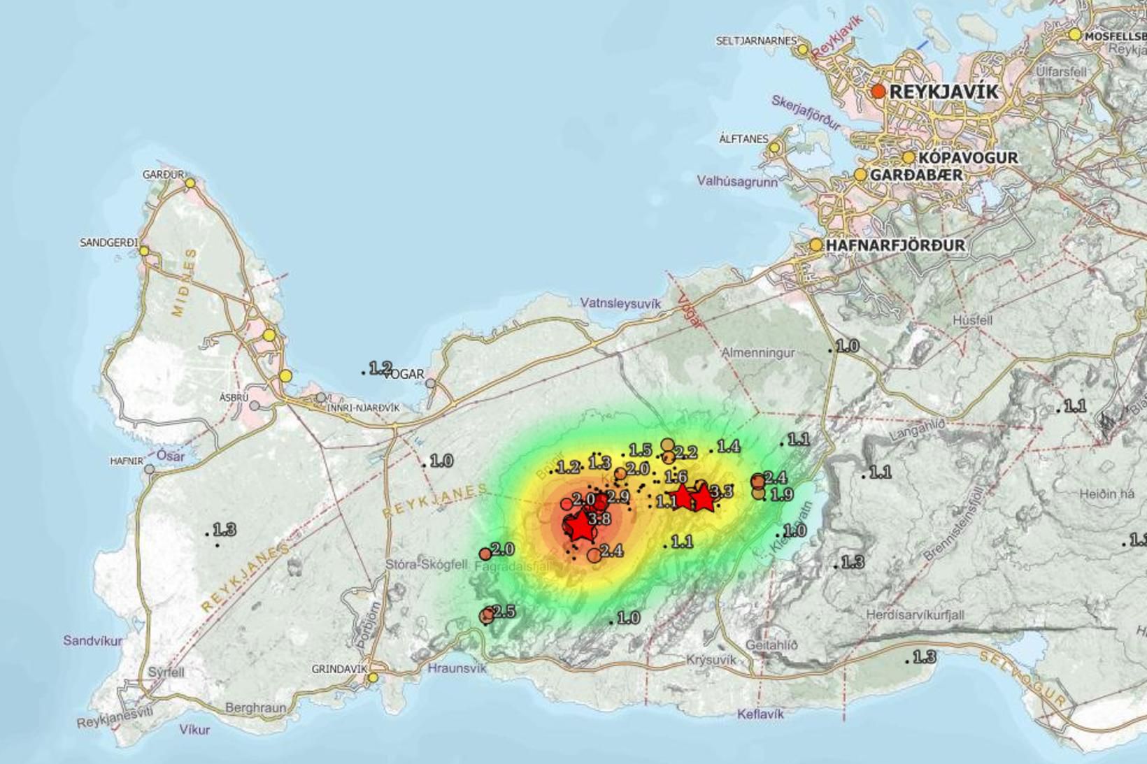 Earthquake swarm map of Reykjanes on 6 July 2023.