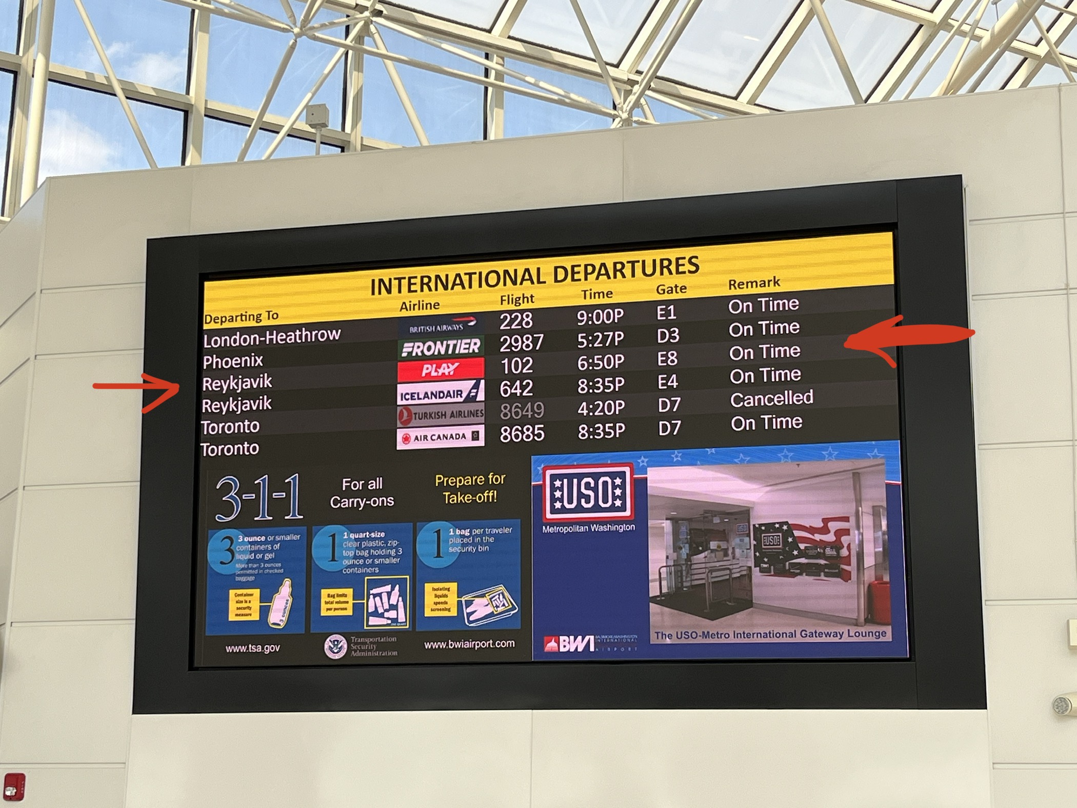 Departures board at BWI's internatonal terminal with our flight on it.